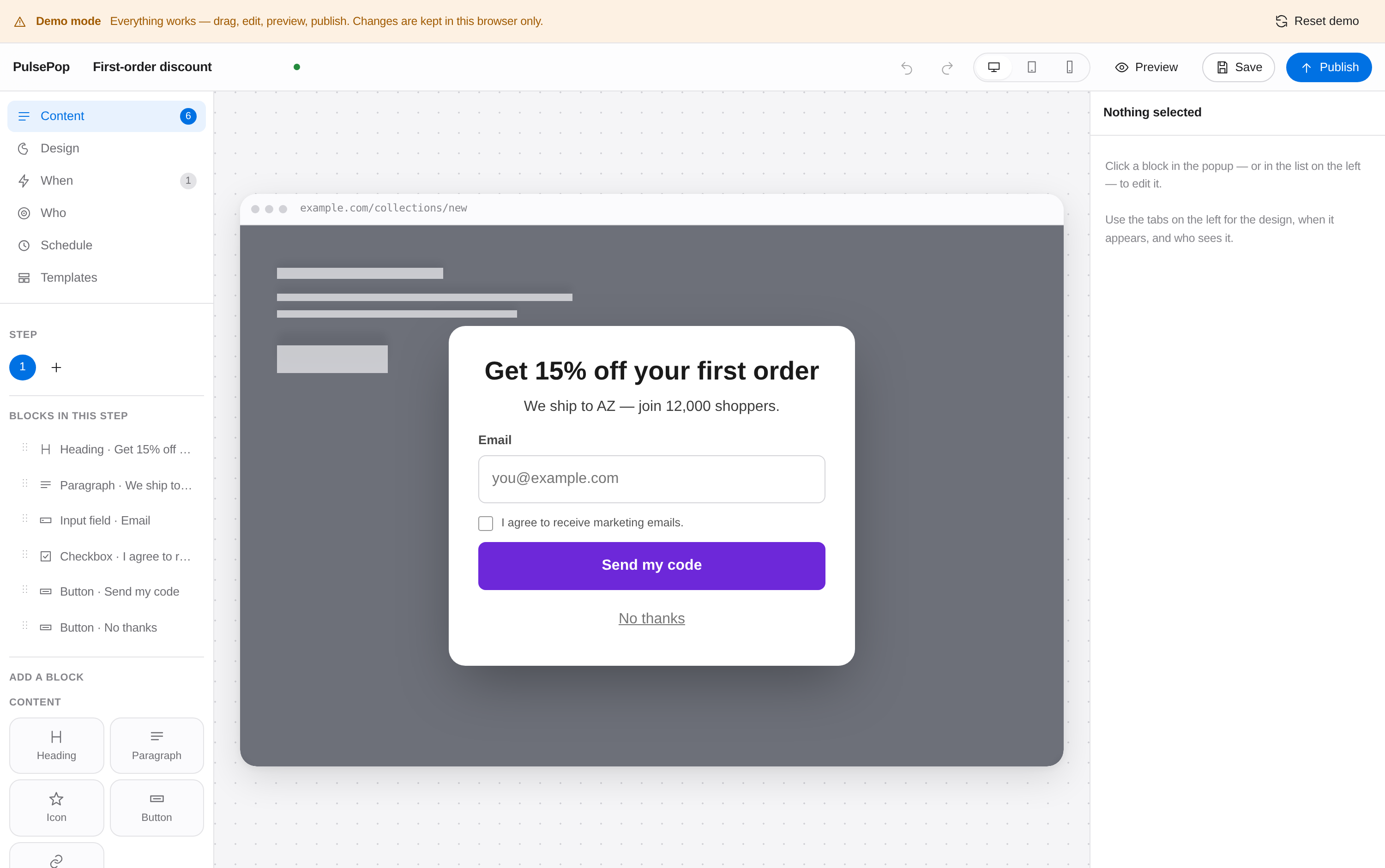 The PulsePop campaign builder: block palette and layer list on the left, the live popup on a device frame in the centre, and the block inspector on the right.