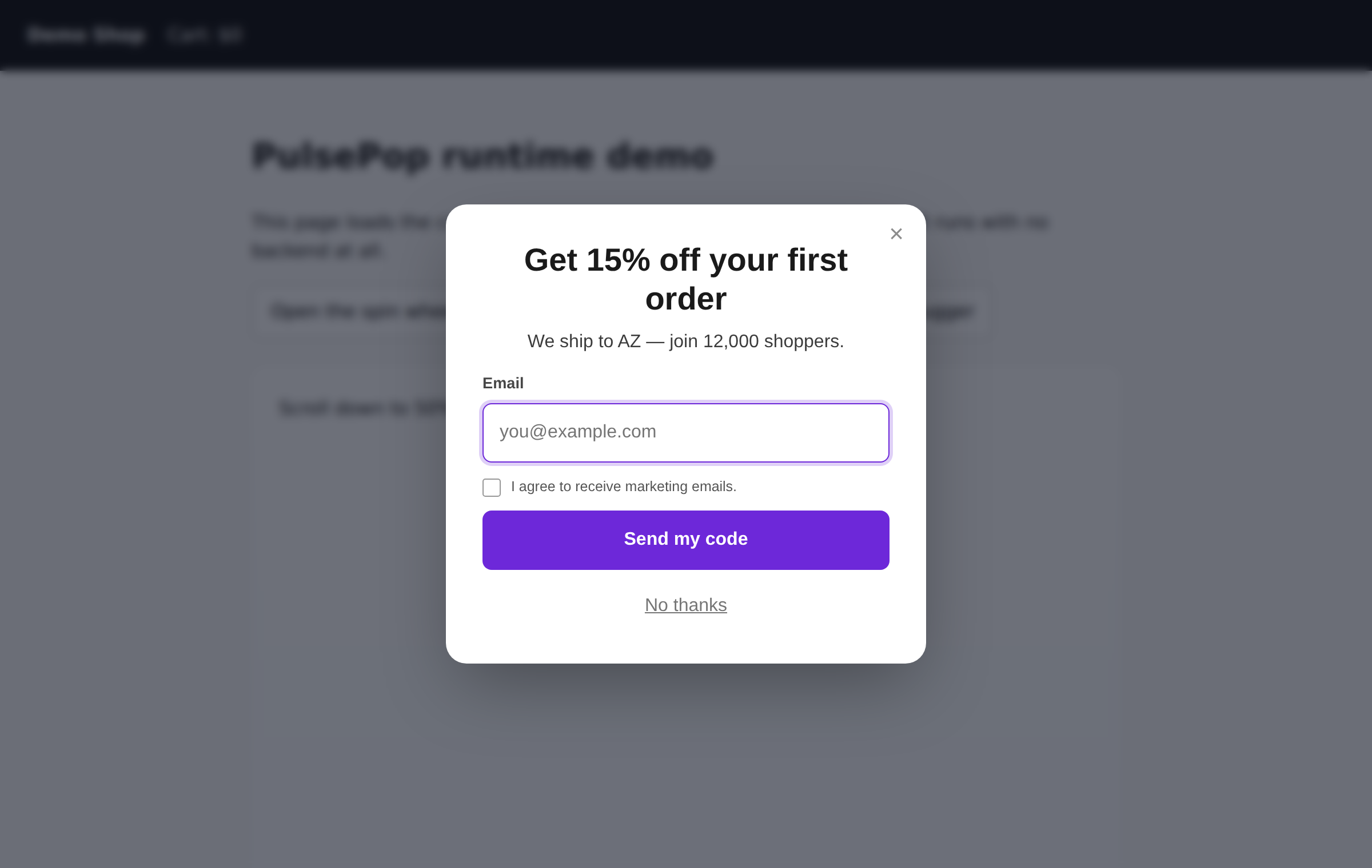 A PulsePop modal rendered over a shop page, with a blurred overlay and an email capture form.