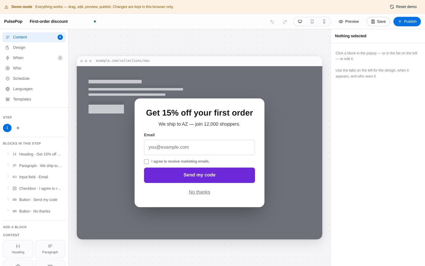 The campaign builder with a popup on the canvas and the block palette on the left.