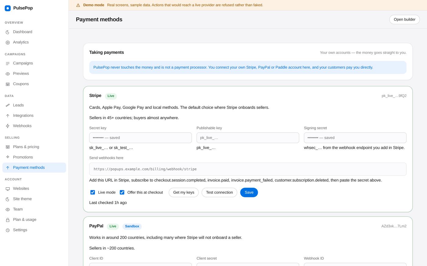 Payment method settings for Stripe, PayPal and Paddle with webhook URLs.
