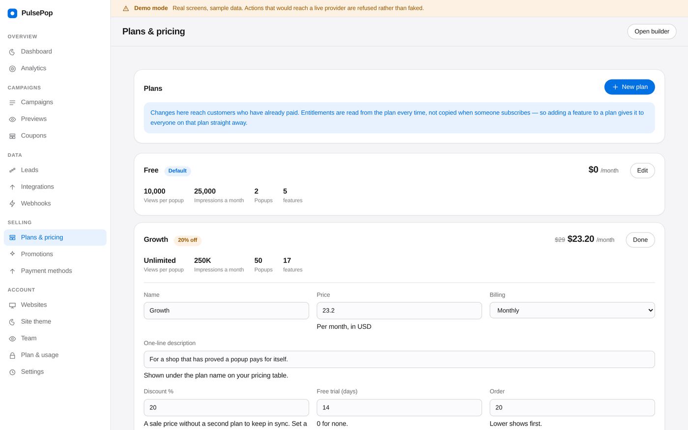 The plan editor, showing price, limits and a checklist of included features.