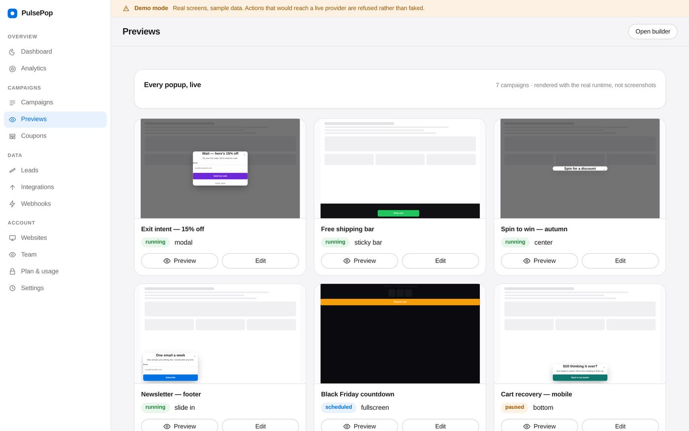A grid of live popup previews, each rendered in its own frame.